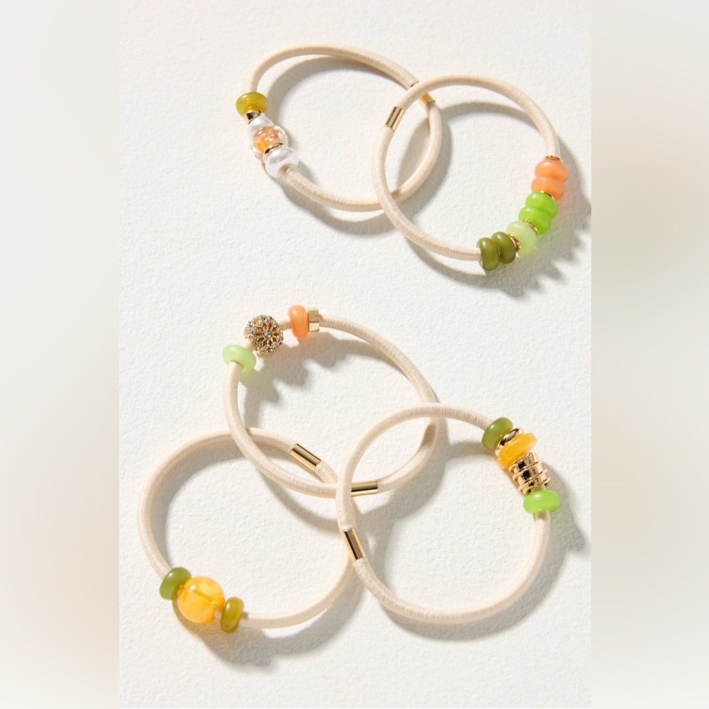 Anthropologie small mixed Beaded Hair Ties -Green, Orange, Yellow